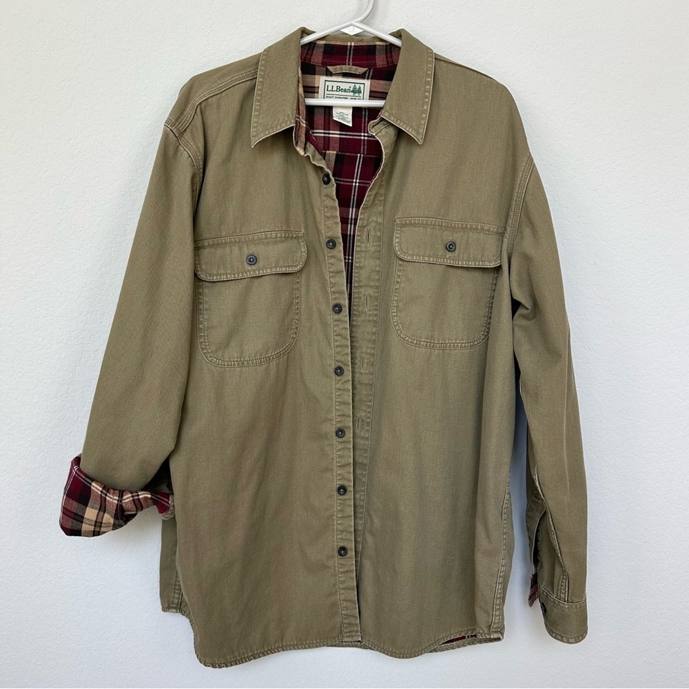 L.L. Bean Men's Flannel Lined Button Down Shirt Olive Green Red L